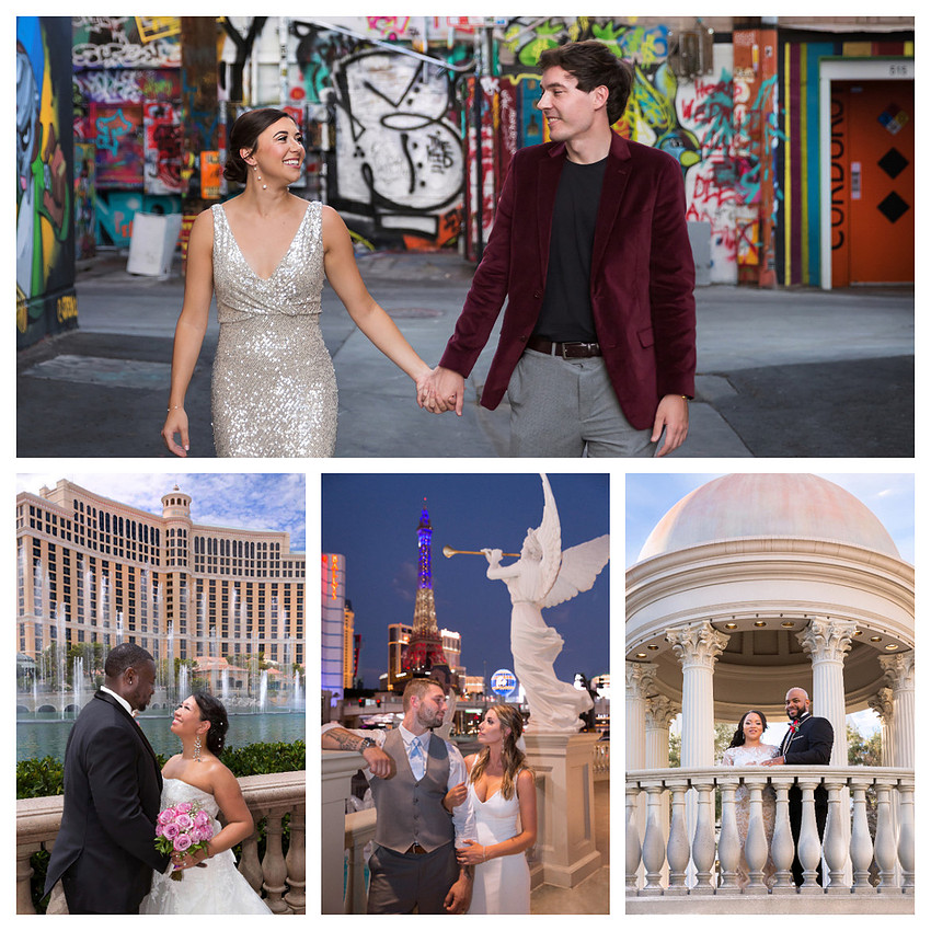 Wedding photos in Fremont East, Bellagio, Caesars Palace
