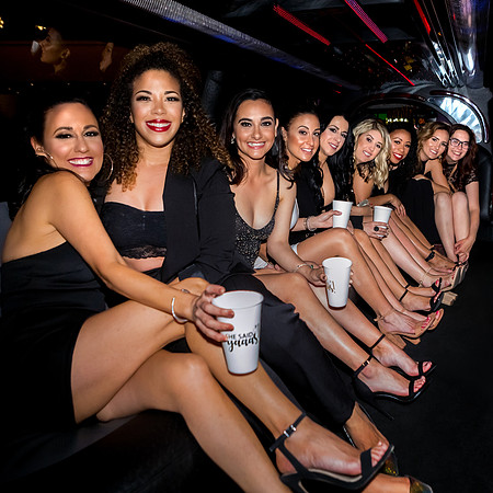 Friends posing together during a bachelorette photo shoot on the Las Vegas Strip