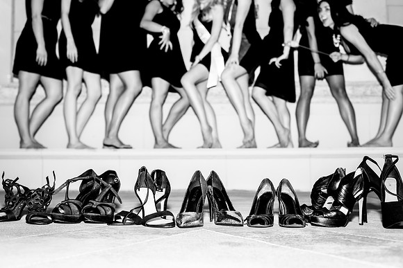 Friends posing together during a bachelorette photo shoot on the Las Vegas Strip