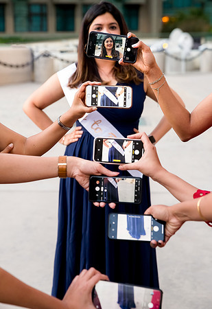 Friends posing together during a bachelorette photo shoot on the Las Vegas Strip