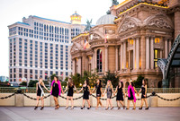 Friends posing together during a bachelorette photo shoot on the Las Vegas Strip