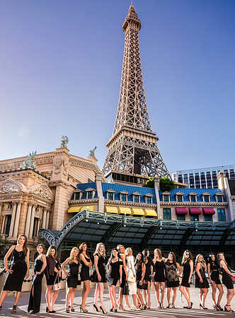 Friends posing together during a bachelorette photo shoot on the Las Vegas Strip