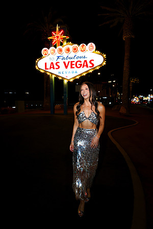 Friends posing together during a bachelorette photo shoot on the Las Vegas Strip