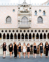 Friends posing together during a bachelorette photo shoot on the Las Vegas Strip