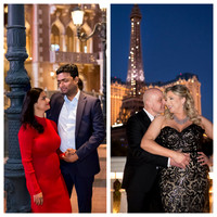 Couples enjoying anniversary photo sessions beneath Las Vegas lights and modern Strip architecture.