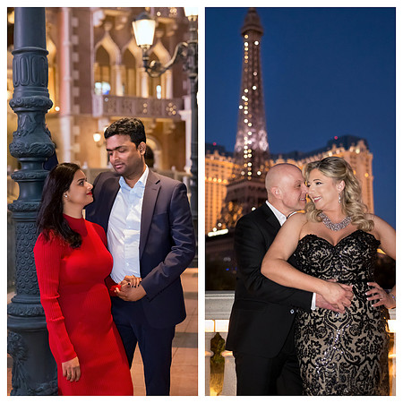 Couples enjoying anniversary photo sessions beneath Las Vegas lights and modern Strip architecture.
