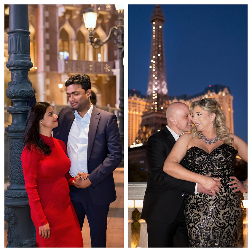 Couples enjoying anniversary photo sessions beneath Las Vegas lights and modern Strip architecture.