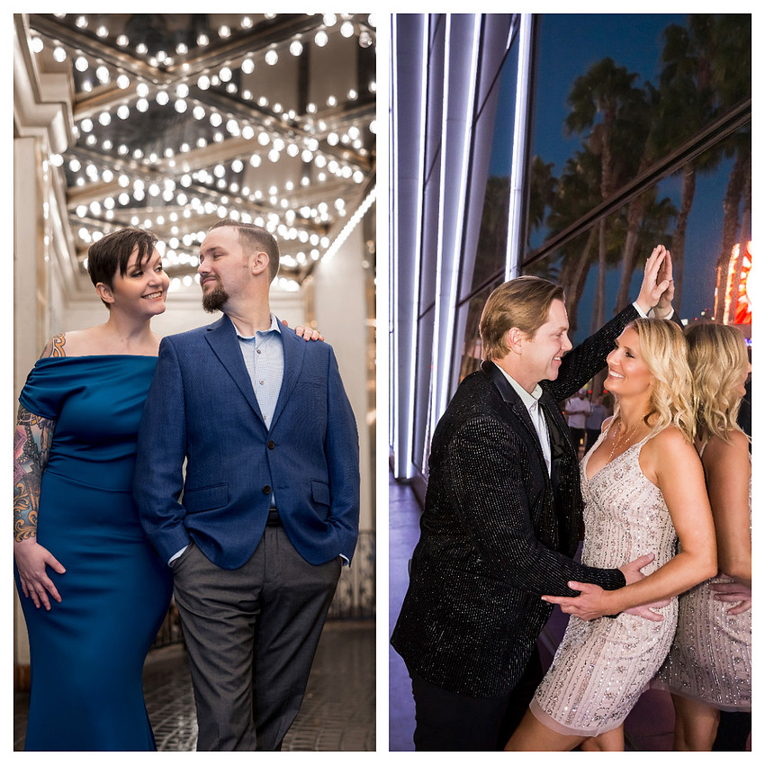 Couples enjoying anniversary photo sessions beneath Las Vegas lights and modern Strip architecture.
