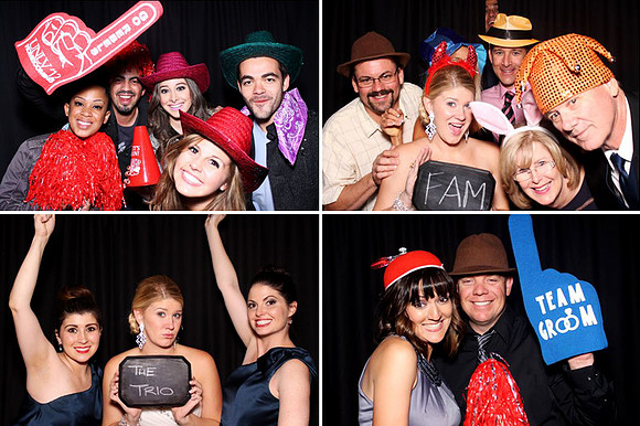 Guests posing in a photo booth with props at a Las Vegas event