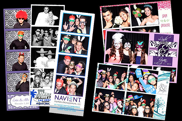 Guests posing in a photo booth with props at a Las Vegas event