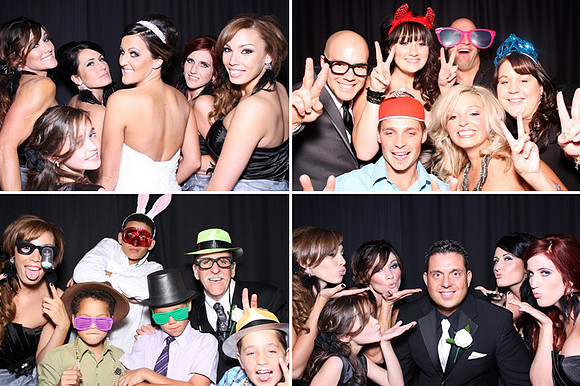 Guests posing in a photo booth with props at a Las Vegas event