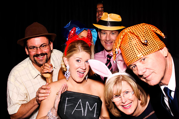 Guests posing in a photo booth with props at a Las Vegas event